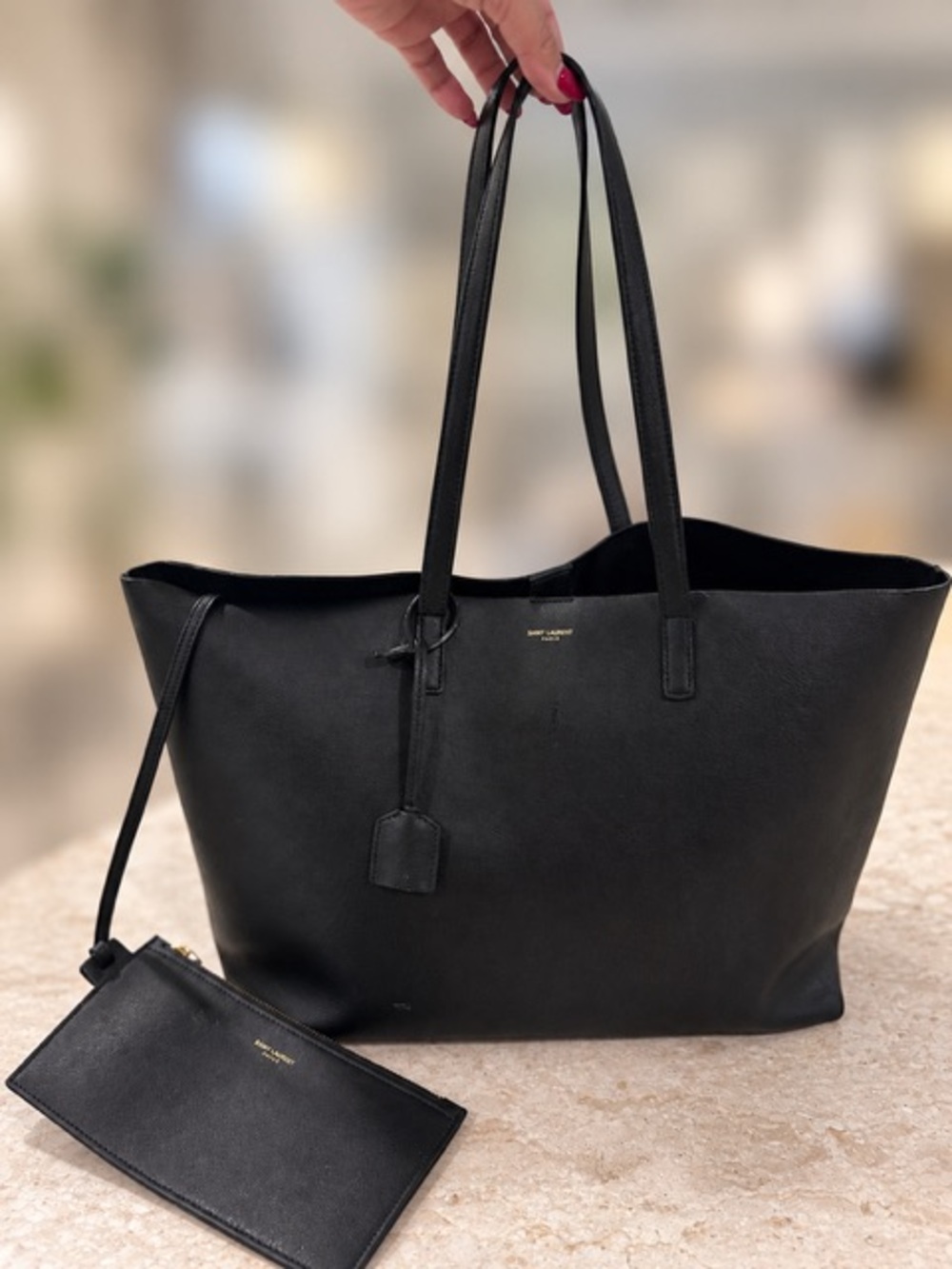 Saint Laurent Black Leather Hobo Tote with Pouch
